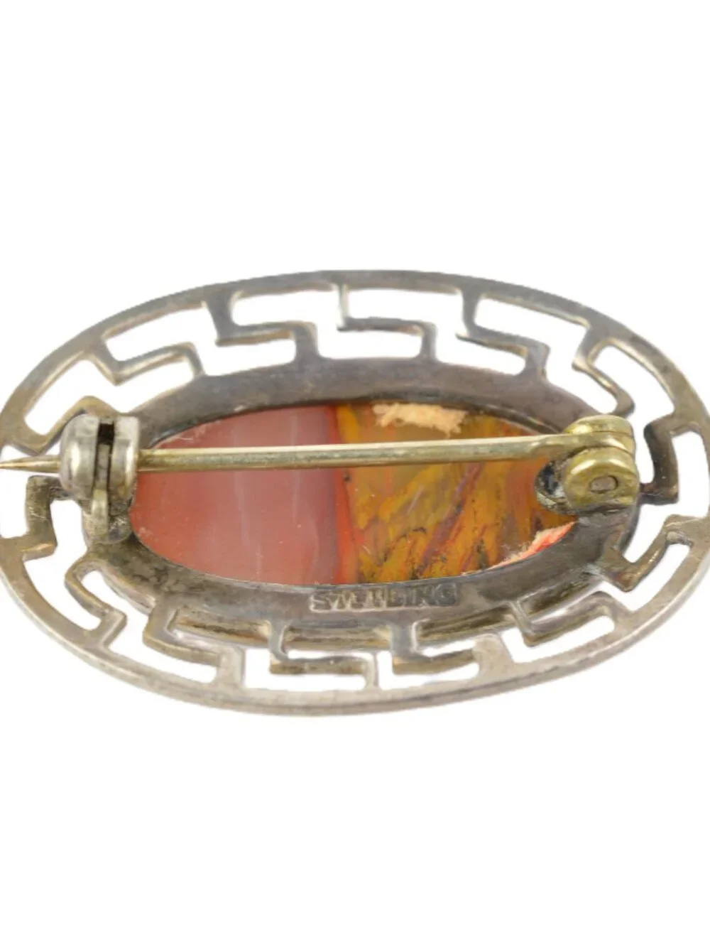 Vintage Art Deco Sterling Silver Red Jasper Agate Greek Key Fret Brooch Pin 4.2g